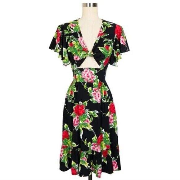 Trashy Diva Pinup Dress Womens 14 Floral Retro Deck of Cards Ace Queen of Hearts - Picture 2 of 10